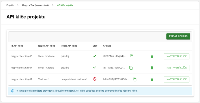 Project and API keys - Developer Mapy